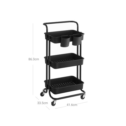 Rootz Trolley 3 Levels Black - Shelf Cart - Storage Rack - Robust Steel Frame - 41.6cm x 33.5cm x 86.3cm