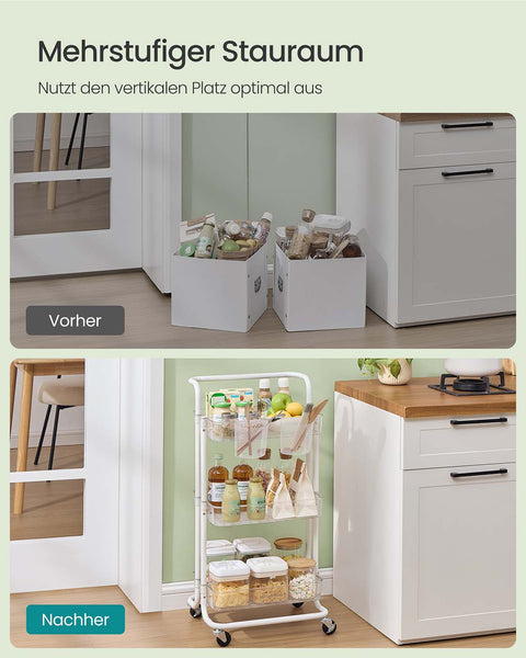 Rootz Steel Trolley - White Transparent - Utility Cart - Sturdy Organizer - Max Weight 10 kg Per Level - 37.3cm x 42.5cm x 86.3cm