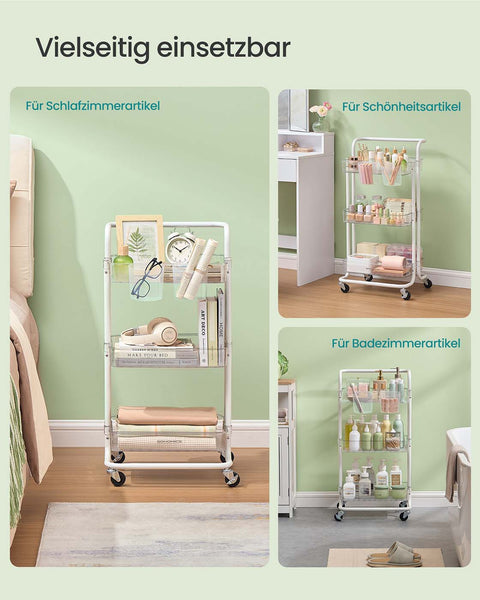 Rootz Steel Trolley - White Transparent - Utility Cart - Sturdy Organizer - Max Weight 10 kg Per Level - 37.3cm x 42.5cm x 86.3cm