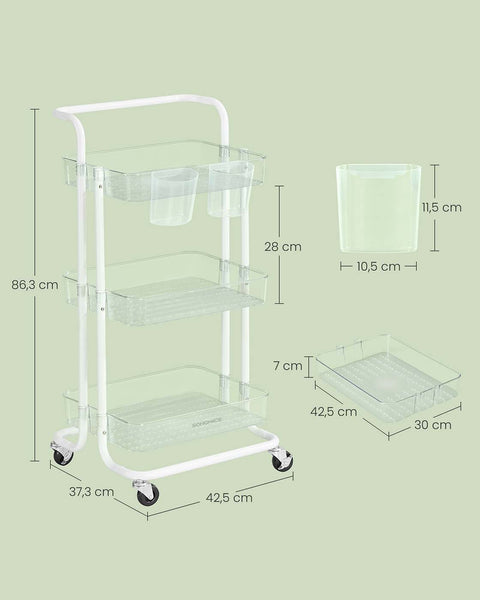 Rootz Steel Trolley - White Transparent - Utility Cart - Sturdy Organizer - Max Weight 10 kg Per Level - 37.3cm x 42.5cm x 86.3cm