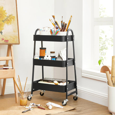 Rootz 3-Level Rolling Trolley - Utility Cart - Storage Shelf - Robust Steel Frame - 41.4cm x 30.7cm x 79cm - Versatile Organization Solutions