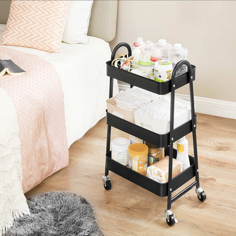 Rootz 3-Level Rolling Trolley - Utility Cart - Storage Shelf - Robust Steel Frame - 41.4cm x 30.7cm x 79cm - Versatile Organization Solutions