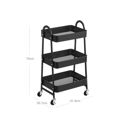 Rootz 3-Level Rolling Trolley - Utility Cart - Storage Shelf - Robust Steel Frame - 41.4cm x 30.7cm x 79cm - Versatile Organization Solutions
