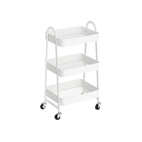 Rootz White Steel Trolley - Rolling Cart - Rolling Shelf - 3 Storage Compartments - 4 Lockable Wheels - 41.4cm x 30.7cm x 79cm