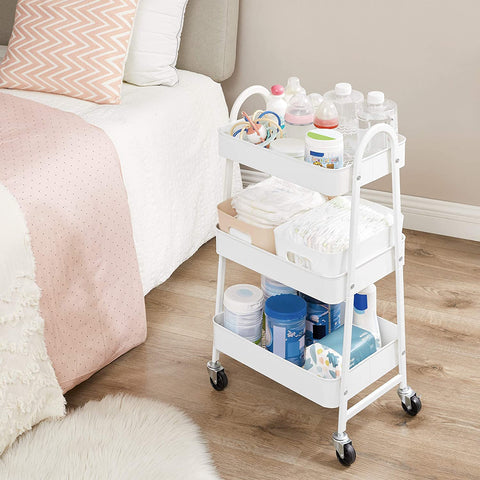 Rootz White Steel Trolley - Rolling Cart - Rolling Shelf - 3 Storage Compartments - 4 Lockable Wheels - 41.4cm x 30.7cm x 79cm