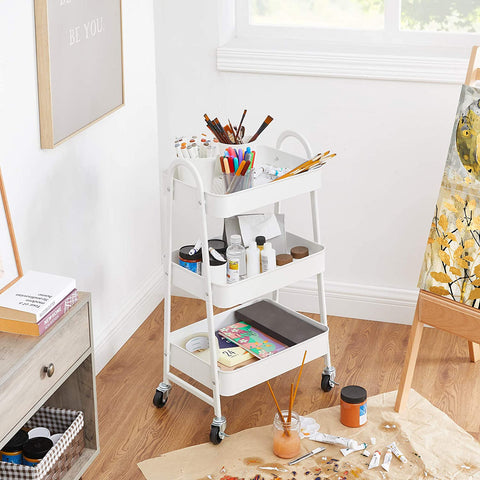 Rootz White Steel Trolley - Rolling Cart - Rolling Shelf - 3 Storage Compartments - 4 Lockable Wheels - 41.4cm x 30.7cm x 79cm