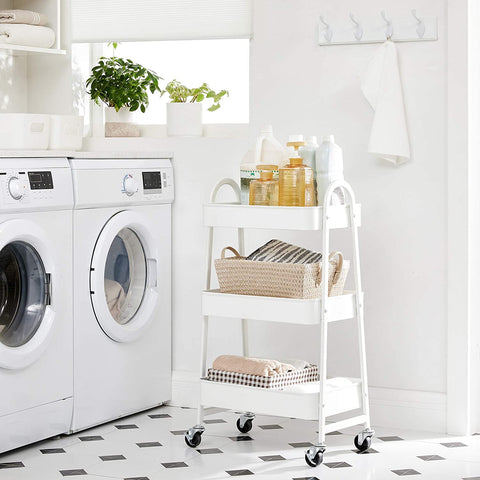 Rootz White Steel Trolley - Rolling Cart - Rolling Shelf - 3 Storage Compartments - 4 Lockable Wheels - 41.4cm x 30.7cm x 79cm