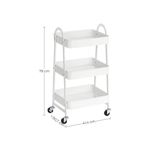Rootz White Steel Trolley - Rolling Cart - Rolling Shelf - 3 Storage Compartments - 4 Lockable Wheels - 41.4cm x 30.7cm x 79cm