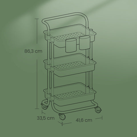 Rootz 3 Tier Trolley - Serving Cart - Kitchen Cart - Robust Steel Frame - 41.6cm x 33.5cm x 86.3cm