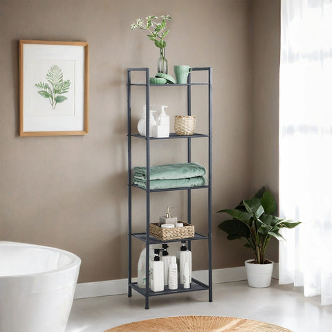 Rootz Black Steel Bathroom Shelf - Adjustable Storage Unit - Plant Stand - Space Saving - 38cm x 30cm x 128cm