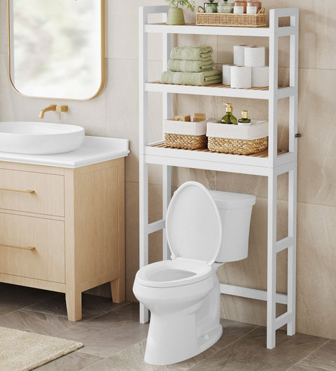 Rootz Bamboo 3-Tier Bathroom Shelf - Storage Rack - Organizer - Eco-Friendly - Cloud White/Natural - 50cm x 35cm x 73cm