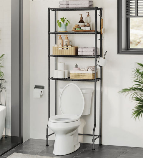 Rootz 4-Tier Toilet Shelf - Bathroom Organizer - Space-Saving Storage - Hooks Included - Metal - 30cm x 63cm x 176cm - Black