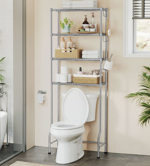 Rootz 4-Tier Toilet Shelf - Bathroom Storage - Metal Shelving - Space-Saving - 30 x 63 x 176 cm - Grey
