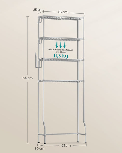 Rootz 4-Tier Toilet Shelf - Bathroom Storage - Metal Shelving - Space-Saving - 30 x 63 x 176 cm - Grey