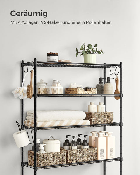 Rootz 4-Tier Toilet Shelf - Bathroom Organizer - Adjustable Shelves - Space-Saving Storage - 30cm x 83cm x 176cm, Black