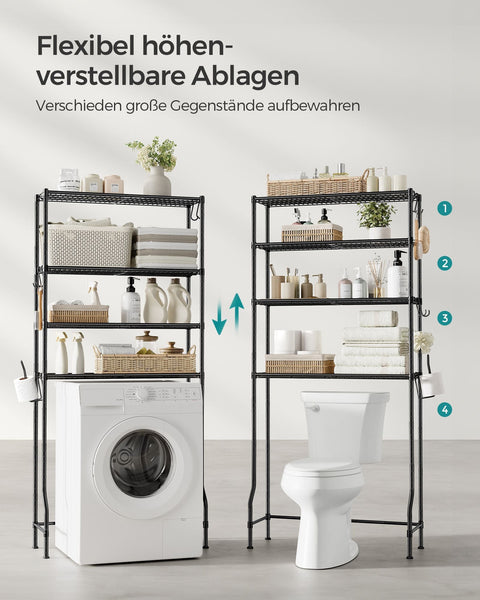 Rootz 4-Tier Toilet Shelf - Bathroom Organizer - Adjustable Shelves - Space-Saving Storage - 30cm x 83cm x 176cm, Black