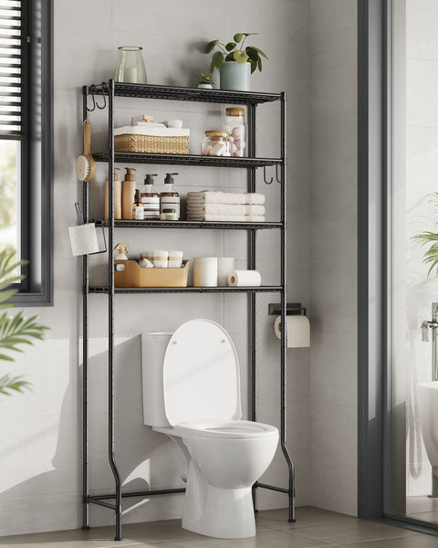 Rootz Metal Toilet Shelf - Black Bathroom Storage Rack - Organizer Stand - Sturdy Construction - 30cm x 83cm x 176cm