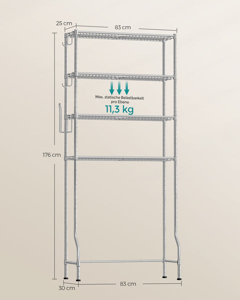 Rootz 4-Tier Toilet Shelf - Bathroom Organizer - Adjustable Shelves - Space Saving - 30 x 83 x 176cm - Grey