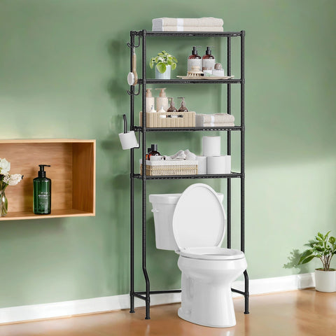 Rootz Metal Toilet Shelf - Bathroom Organizer - Black Storage Rack - Saves Space - 30cm x 63cm x 176cm