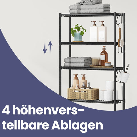 Rootz Metal Toilet Shelf - Bathroom Organizer - Black Storage Rack - Saves Space - 30cm x 63cm x 176cm