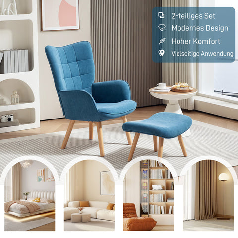 Rootz Accent Chair with Stool - Relaxation Chair - Armchair Set - Comfort with Wooden Legs - 72cm x 80cm x 101cm - Blue