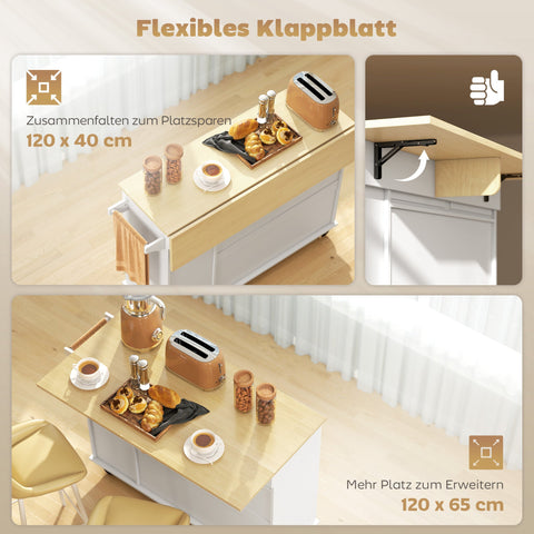 Rootz Mobile Kitchen Island - Expandable Surface - Kitchen Trolley - Rolling Cart - Organized Storage - White/Brown- 129x65x91 cm