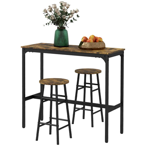 Rootz Bar Table with 2 Chairs - Industrial Design - Set of 2 Bar Stools with Table - 3 Pieces - Brown + Black - 105L x 40W x 90H cm