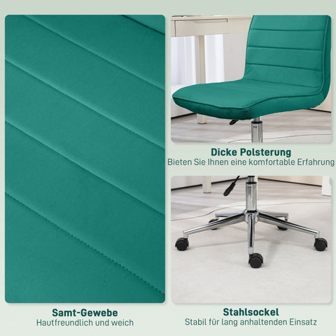 Rootz Office Chair - Computer Chair - Desk Chair - Height Adjustable - Soft Padding - Easy Mobility - 51cm x 64cm x 78-88cm - Velvet Look - Green
