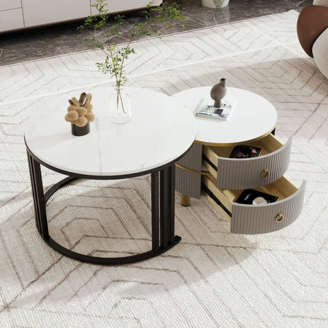 Rootz 2-in-1 Coffee Table Set - Marble Pattern - High Gloss Table Top - Space-Saving Design - 70/50cm x 70/50cm x 46/40cm