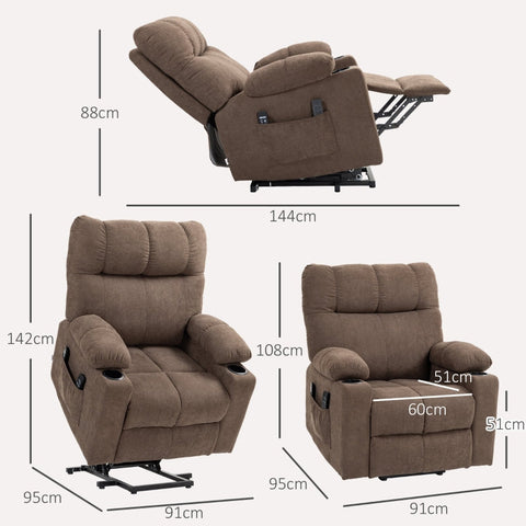 Rootz Electric Riser TV Recliner Chair - Massage Points - Footrest - Remote Control - Brown - Polyester Fabric - 91cm x 95cm x 109cm