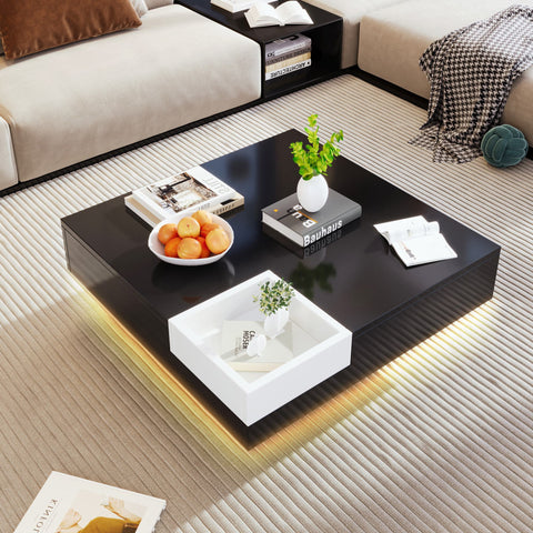 Rootz Coffee Table - Living Room Table - High Gloss - Removable Storage - LED Light Effect - 72cm x 72cm x 30cm