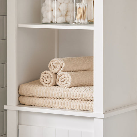 Rootz Tall Bathroom Cabinet with Fold-Out Laundry Bag - Linen Cupboard - Bathroom Shelf - Easy Assembly - Anti-Tip Device - Spacious Storage - 45cm x 171cm x 35cm