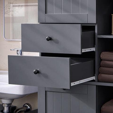 Rootz Tall Bathroom Cabinet with Drawer - Storage Unit - Laundry Basket - MDF - 60cm x 170cm x 37cm - 40kg - 70kg Capacity