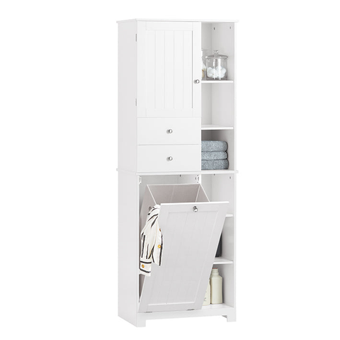 Rootz Tall Bathroom Cabinet with Fold-Out Laundry Bag - Storage Organizer - Utility Cupboard - MDF Construction - Easy Assembly - 60cm x 171cm x 37cm
