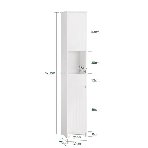 Rootz Tall Bathroom Cabinet - Storage Tower - Linen Closet - Adjustable Shelves - Anti-Tip Design - MDF Construction - 30cm x 170cm x 30cm