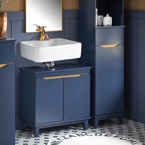 Rootz Sink Base Cabinet - Bathroom Cabinet - Washbasin Stand - Space-Saving Storage - Moisture Protection - Sturdy Pine Legs - 60cm x 59cm x 30cm - Blue