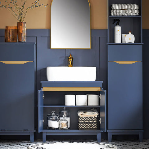 Rootz Sink Base Cabinet - Bathroom Cabinet - Washbasin Stand - Space-Saving Storage - Moisture Protection - Sturdy Pine Legs - 60cm x 59cm x 30cm - Blue