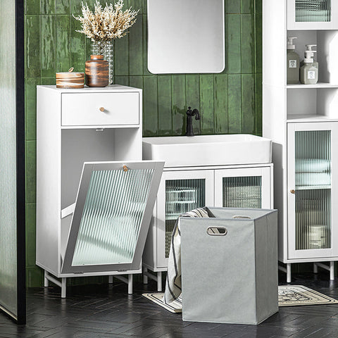 Rootz Laundry Cabinet with Laundry Bag - Laundry Chest - Laundry Collector - Durable MDF & Glass - Stable Metal Legs - 40cm x 96cm x 40cm