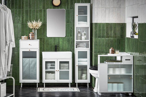 Rootz Niche Trolley with Glass Doors - Bathroom Storage Cart - Kitchen Organizer - MDF and Glass Construction - Mobile and Stable with Rotating Wheels - Spacious Storage - 20cm x 71cm x 60cm