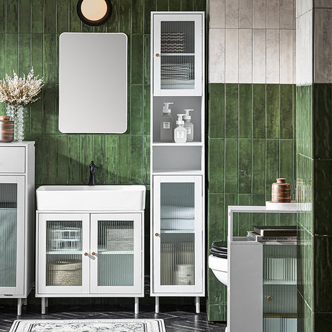 Rootz Tall Bathroom Cabinet - Storage Organizer - Glass Door Cabinet - Adjustable Shelves - Water-Resistant Metal Legs - MDF and Glass - 30cm x 171cm x 30cm