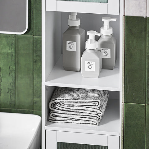 Rootz Tall Bathroom Cabinet - Storage Organizer - Glass Door Cabinet - Adjustable Shelves - Water-Resistant Metal Legs - MDF and Glass - 30cm x 171cm x 30cm