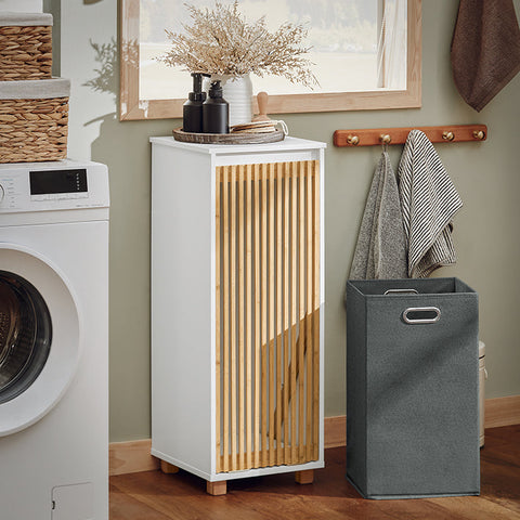 Rootz Laundry Cabinet with Fold-Out Bag - Laundry Collector - Bathroom Storage - Durable Bamboo & MDF Construction - Easy Transport Handles - 32cm x 85cm x 33cm