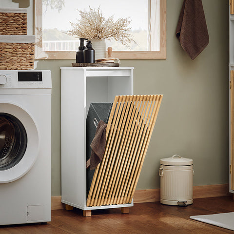 Rootz Laundry Cabinet with Fold-Out Bag - Laundry Collector - Bathroom Storage - Durable Bamboo & MDF Construction - Easy Transport Handles - 32cm x 85cm x 33cm