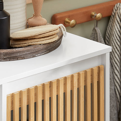 Rootz Laundry Cabinet with Fold-Out Bag - Laundry Collector - Bathroom Storage - Durable Bamboo & MDF Construction - Easy Transport Handles - 32cm x 85cm x 33cm