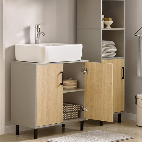 Rootz Bathroom Sink Base Cabinet - Vanity Storage - Under Sink Organizer - MDF and Metal Construction - Stylish Gray and Wood Finish - Space-Saving Design - 60cm x 60cm x 30cm