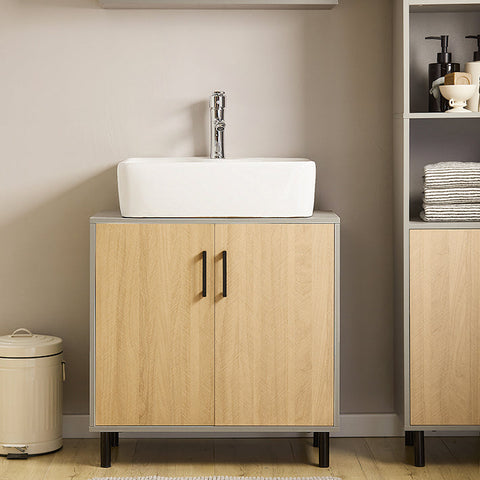 Rootz Bathroom Sink Base Cabinet - Vanity Storage - Under Sink Organizer - MDF and Metal Construction - Stylish Gray and Wood Finish - Space-Saving Design - 60cm x 60cm x 30cm