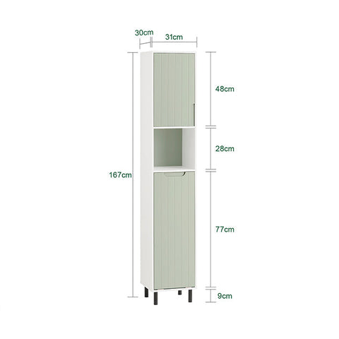 Rootz Tall Bathroom Cabinet with Fold-Out Laundry Bag - Linen Cupboard - Narrow Storage Shelf - Adjustable Shelving - White-Green - 31cm x 167cm x 30cm