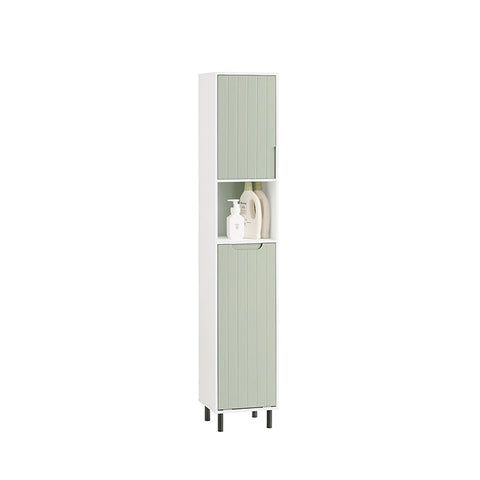 Rootz Tall Bathroom Cabinet with Fold-Out Laundry Bag - Linen Cupboard - Narrow Storage Shelf - Adjustable Shelving - White-Green - 31cm x 167cm x 30cm