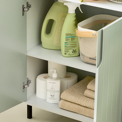 Rootz Modern Bathroom Chest of Drawers with 2 Doors - Sideboard - Hall Closet - Adjustable Shelf - Large Storage Space - Water-Resistant Metal Legs - White-Green - 60cm x 87cm x 30cm