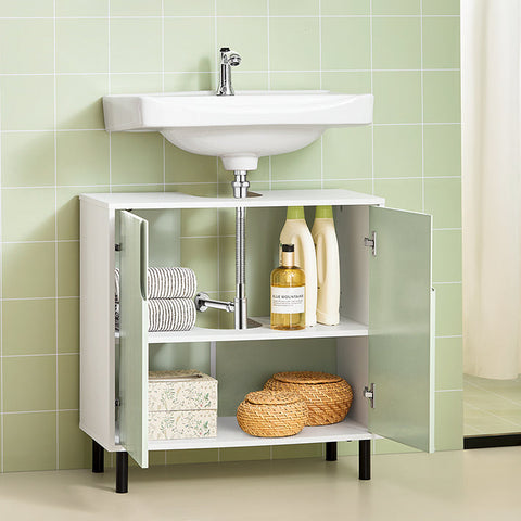 Rootz Sink Base Cabinet - Bathroom Cabinet - Washbasin Stand - White & Green - Adjustable Shelf - Water-Resistant Metal Legs - Anti-Tip Safety - 60cm x 60cm x 30cm